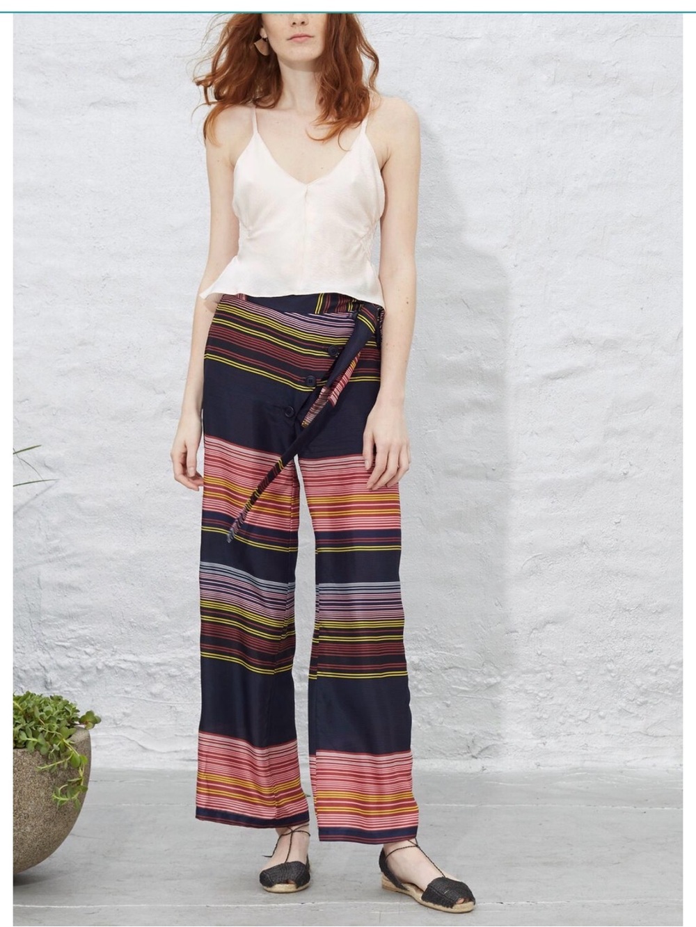 Apiece Apart 8 100% silk Navy stripe Raka soft Tie-Waist flowy clean girl Pant